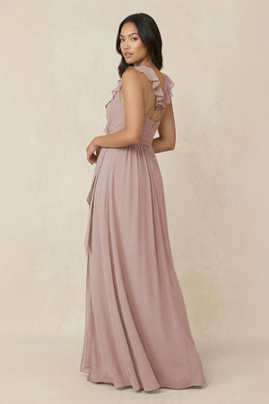 Ruffled V-Neck A-Line Chiffon Bridesmaid Dress in Toffee (2) | KISSBRIDAL