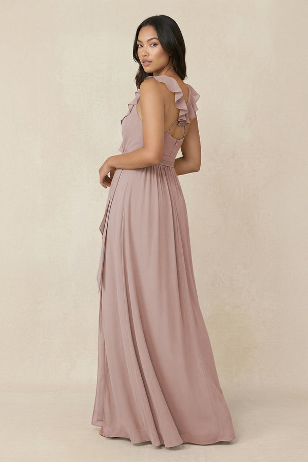 Ruffled V-Neck A-Line Chiffon Bridesmaid Dress in Toffee (2) | KISSBRIDAL