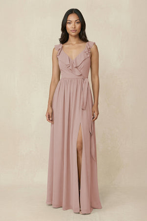 Ruffled V-Neck A-Line Chiffon Bridesmaid Dress in Toffee - SHE IS ME BRIDESMAID DRESSES
