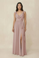 Ruffled V-Neck A-Line Chiffon Bridesmaid Dress in Toffee | KISSBRIDAL