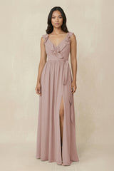 Ruffled V-Neck A-Line Chiffon Bridesmaid Dress in Toffee | KISSBRIDAL