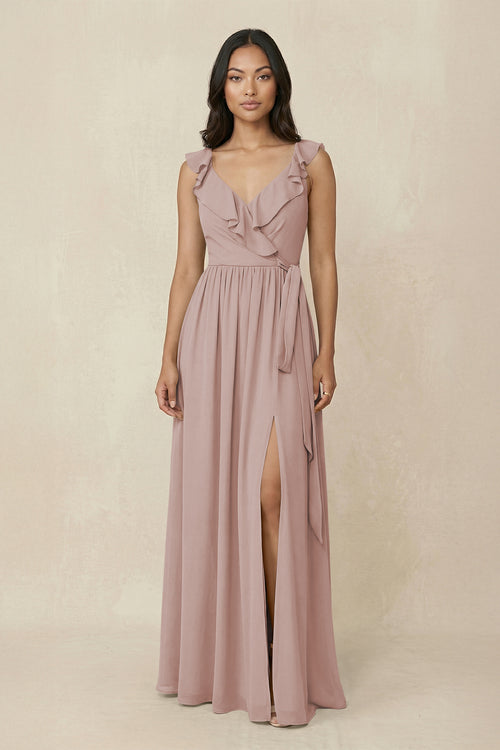 Ruffled V-Neck A-Line Chiffon Bridesmaid Dress in Toffee | KISSBRIDAL