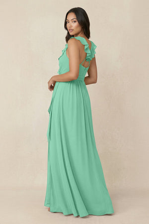 Ruffled V-Neck A-Line Chiffon Bridesmaid Dress in Turquoise - SHE IS ME BRIDESMAID DRESSES