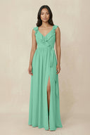 Ruffled V-Neck A-Line Chiffon Bridesmaid Dress in Turquoise - SHE IS ME BRIDESMAID DRESSES