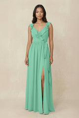 Ruffled V-Neck A-Line Chiffon Bridesmaid Dress in Turquoise - KISS BRIDAL BRIDESMAID DRESSES
