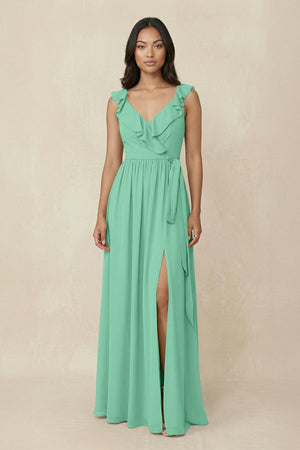 Ruffled V-Neck A-Line Chiffon Bridesmaid Dress in Turquoise - SHE IS ME BRIDESMAID DRESSES