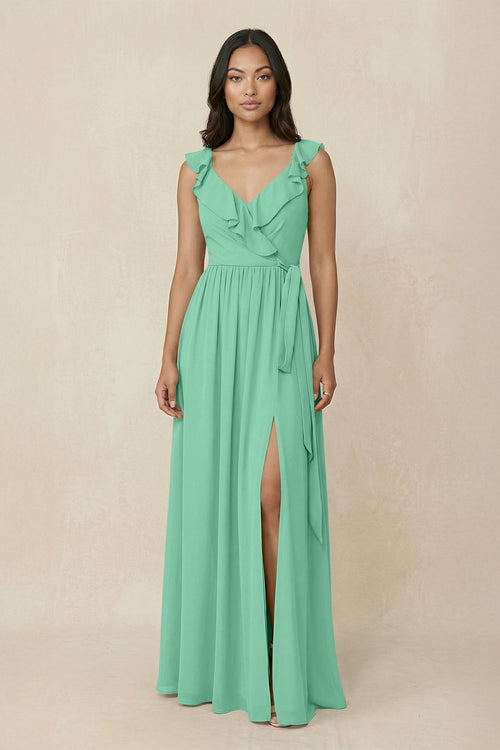 Ruffled V-Neck A-Line Chiffon Bridesmaid Dress in Turquoise - SHE IS ME BRIDESMAID DRESSES