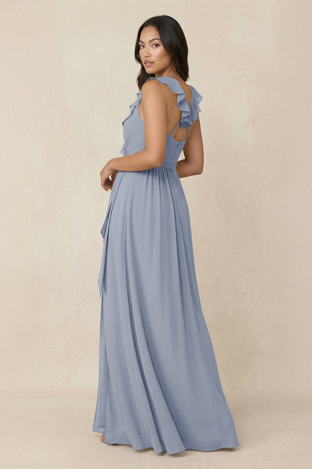 Ruffled V-Neck A-Line Chiffon Bridesmaid Dress in Twilight - SHE IS ME BRIDESMAID DRESSES
