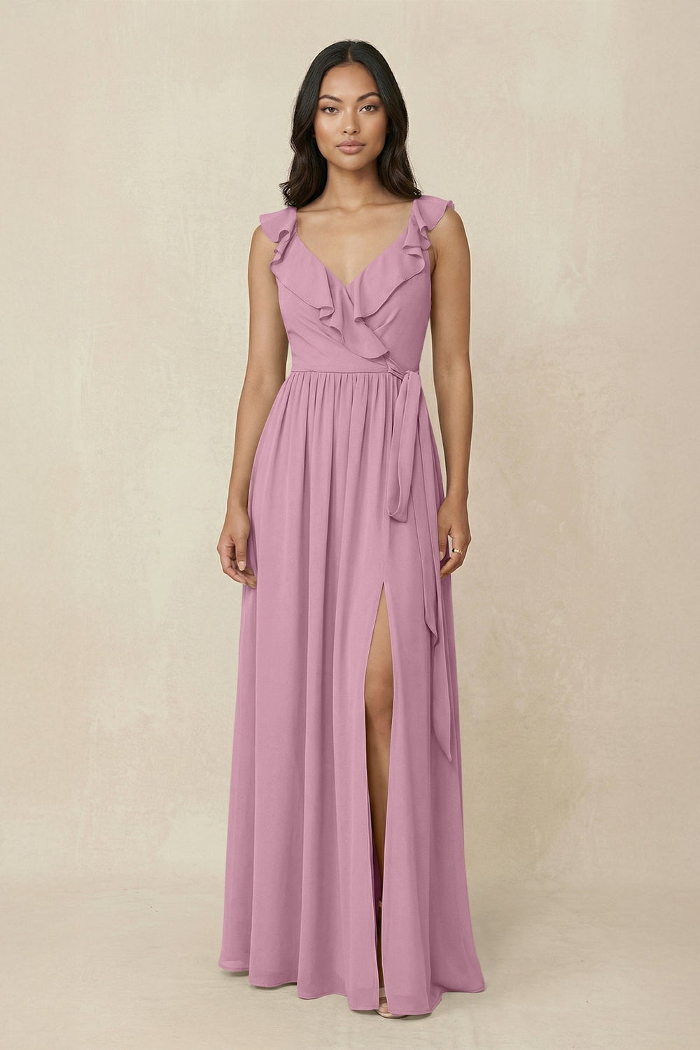 Ruffled V-Neck A-Line Chiffon Bridesmaid Dress in Vintage Mauve - SHE IS ME BRIDESMAID DRESSES