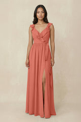 Ruffled V-Neck A-Line Chiffon Bridesmaid Dress in Wild Rose - KISS BRIDAL BRIDESMAID DRESSES