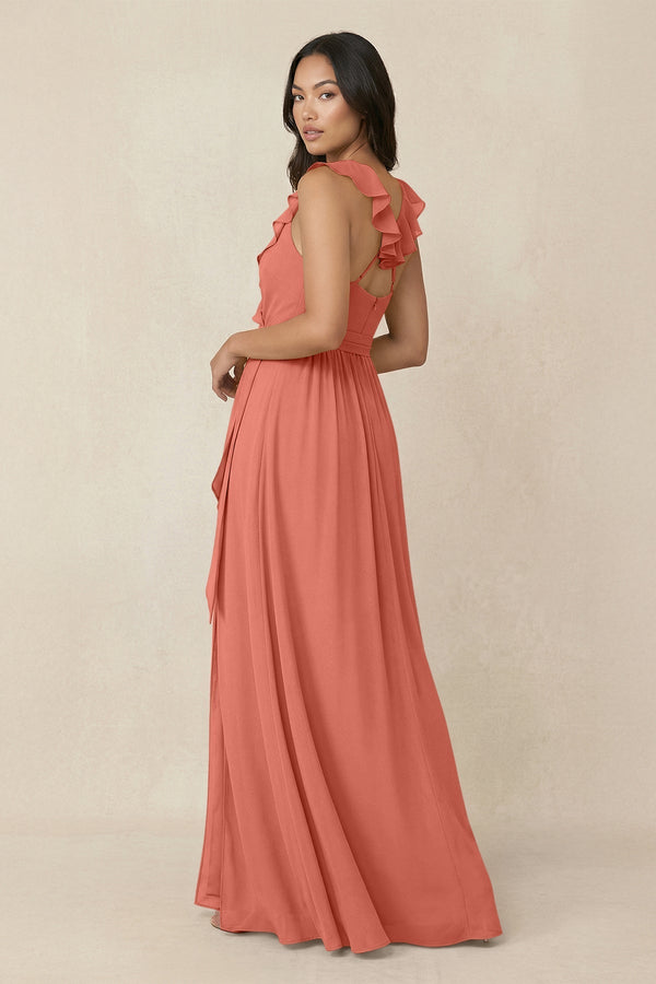 Ruffled V-Neck A-Line Chiffon Bridesmaid Dress in Wild Rose - SHE IS ME BRIDESMAID DRESSES