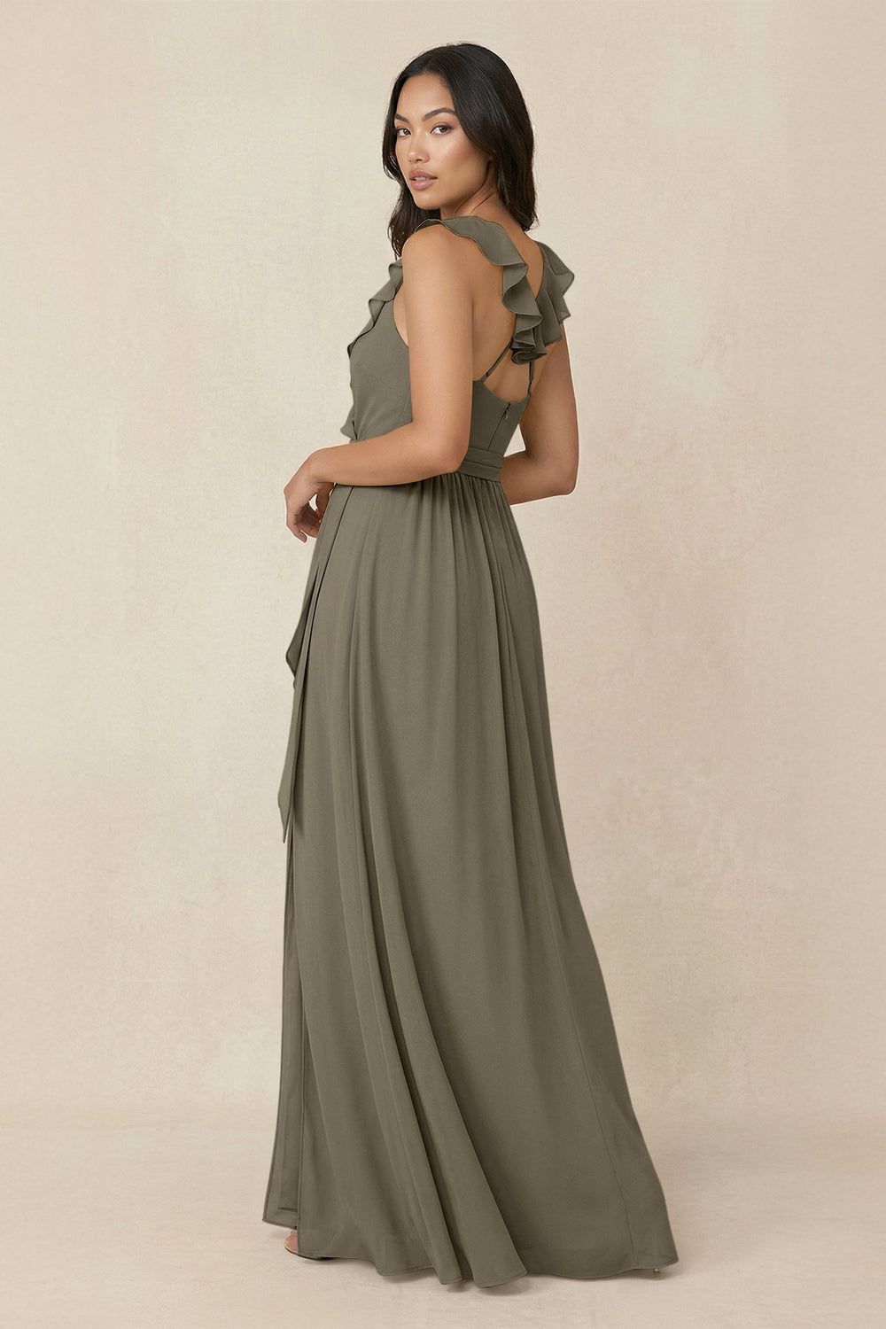 Ruffled V-Neck A-Line Chiffon Bridesmaid Dress in Willow Green - SHE IS ME BRIDESMAID DRESSES
