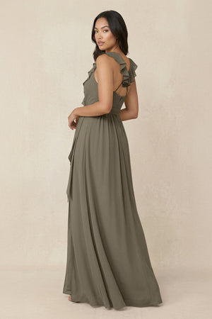 Ruffled V-Neck A-Line Chiffon Bridesmaid Dress in Willow Green - SHE IS ME BRIDESMAID DRESSES