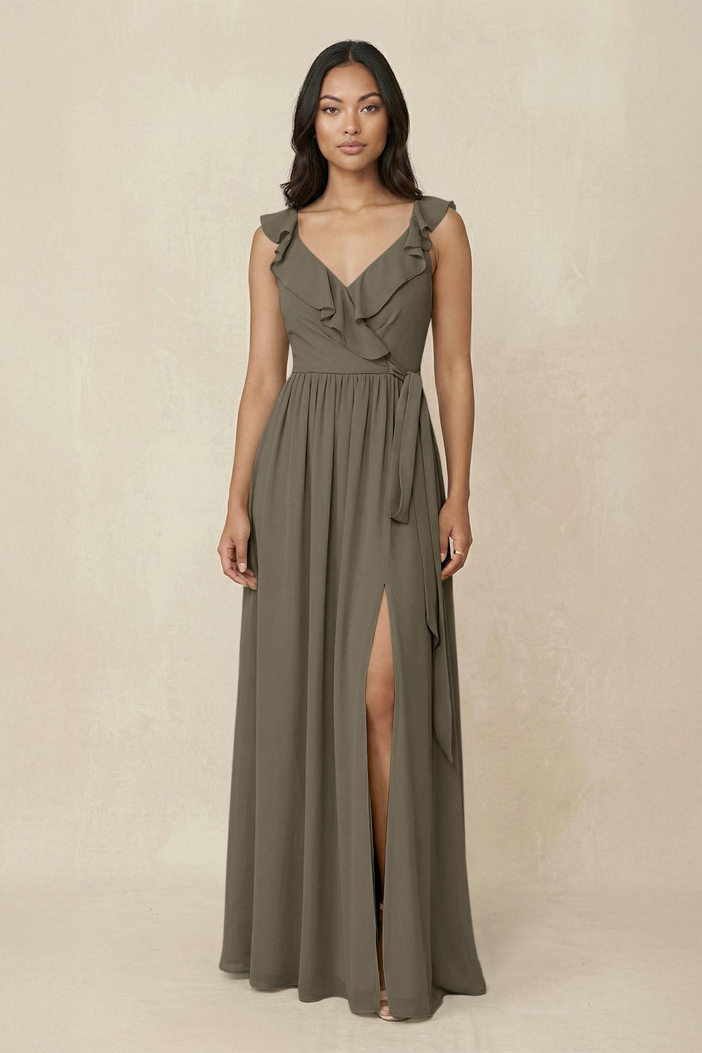 Ruffled V-Neck A-Line Chiffon Bridesmaid Dress in Willow Green - SHE IS ME BRIDESMAID DRESSES