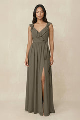 Ruffled V-Neck A-Line Chiffon Bridesmaid Dress in Willow Green - KISS BRIDAL BRIDESMAID DRESSES