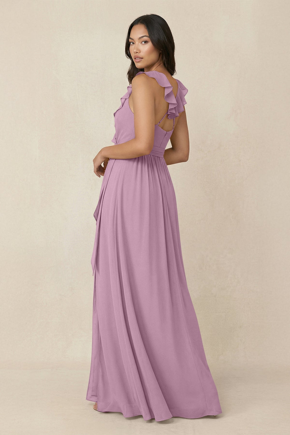 Ruffled V-Neck A-Line Chiffon Bridesmaid Dress in Wisteria - SHE IS ME BRIDESMAID DRESSES