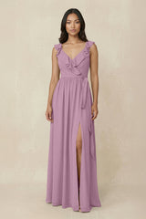 Ruffled V-Neck A-Line Chiffon Bridesmaid Dress in Wisteria - KISS BRIDAL BRIDESMAID DRESSES