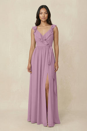 Ruffled V-Neck A-Line Chiffon Bridesmaid Dress in Wisteria - SHE IS ME BRIDESMAID DRESSES
