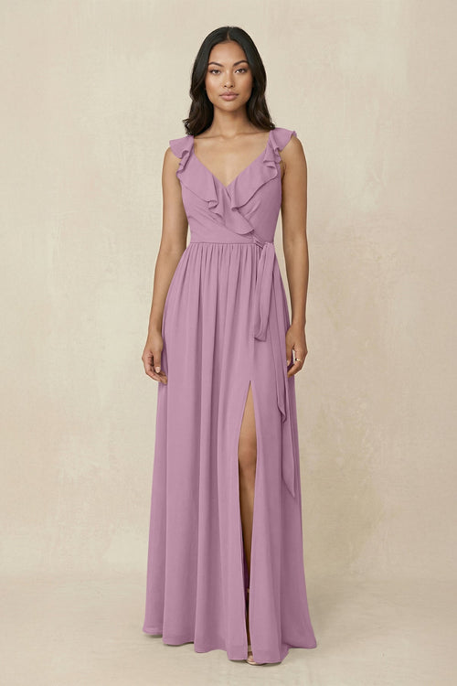 Ruffled V-Neck A-Line Chiffon Bridesmaid Dress in Wisteria - SHE IS ME BRIDESMAID DRESSES