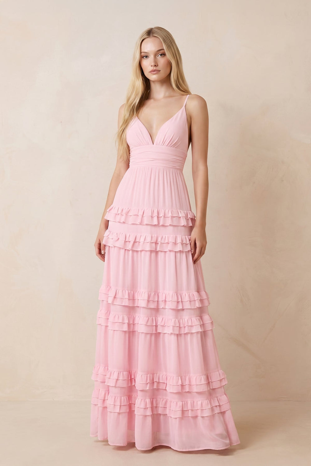 Ruffled V-Neck A-Line Chiffon Maxi Dress in Pink – KISS BRIDAL Dresses