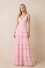Ruffled V-Neck A-Line Chiffon Maxi Dress in Pink – KISS BRIDAL Dresses