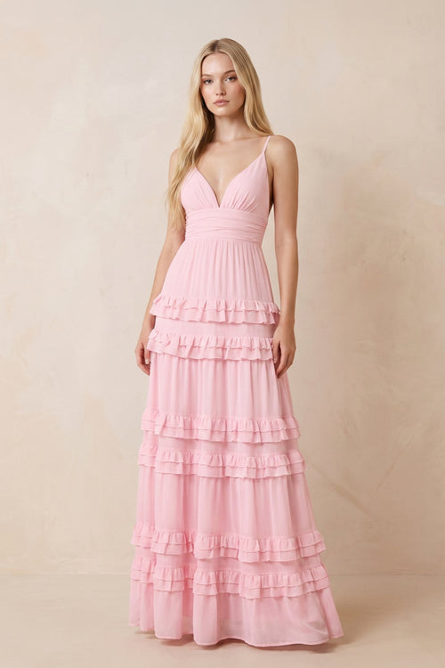 Ruffled V-Neck A-Line Chiffon Maxi Dress in Pink – SHE IS ME Dresses