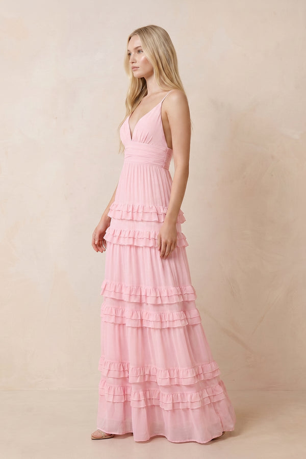 Ruffled V-Neck A-Line Chiffon Maxi Dress in Pink – SHE IS ME Dresses