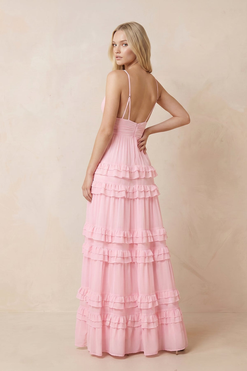Ruffled V-Neck A-Line Chiffon Maxi Dress in Pink – KISS BRIDAL Dresses