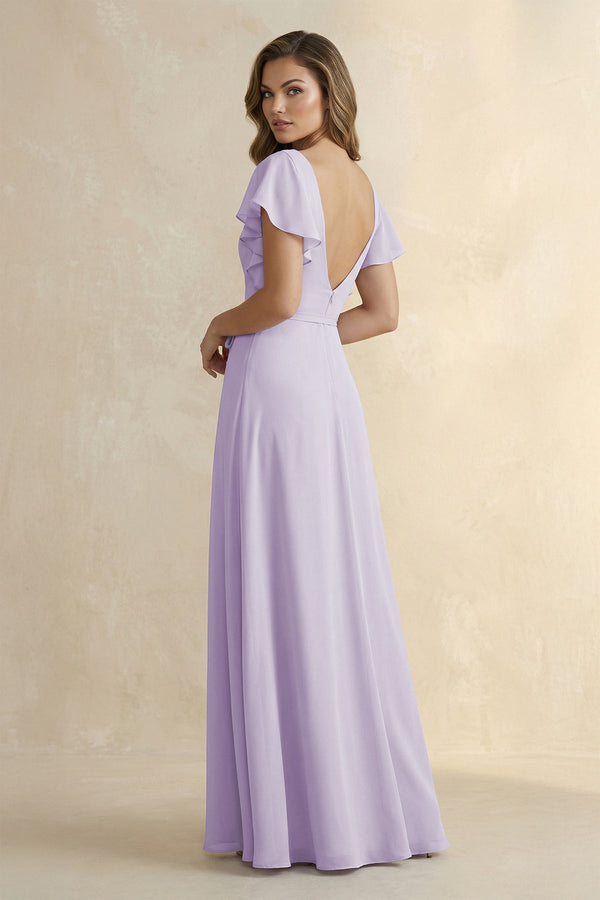Ruffled V-Neck Chiffon A-Line Bridesmaid Dress in Lavender - SHE IS ME BRIDESMAID DRESSES