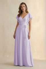 Ruffled V-Neck Chiffon A-Line Bridesmaid Dress in Lavender - KISS BRIDAL BRIDESMAID DRESSES