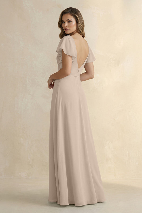 Ruffled V - Neck Chiffon A - Line Bridesmaid Dress in Almond - SHE IS ME Bridesmaid Dresses