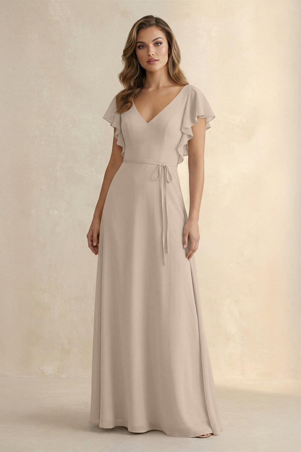 Ruffled V - Neck Chiffon A - Line Bridesmaid Dress in Almond - KISS BRIDAL Bridesmaid Dresses