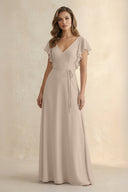 Ruffled V - Neck Chiffon A - Line Bridesmaid Dress in Almond - SHE IS ME Bridesmaid Dresses