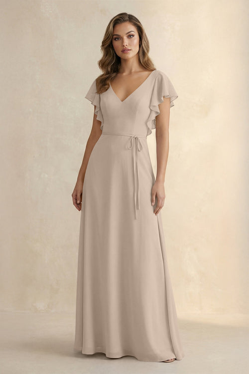Ruffled V - Neck Chiffon A - Line Bridesmaid Dress in Almond - SHE IS ME Bridesmaid Dresses