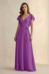 Ruffled V - Neck Chiffon A - Line Bridesmaid Dress in Amethyst - KISS BRIDAL Bridesmaid Dresses