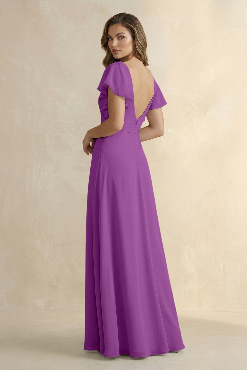 Ruffled V - Neck Chiffon A - Line Bridesmaid Dress in Amethyst - KISS BRIDAL Bridesmaid Dresses