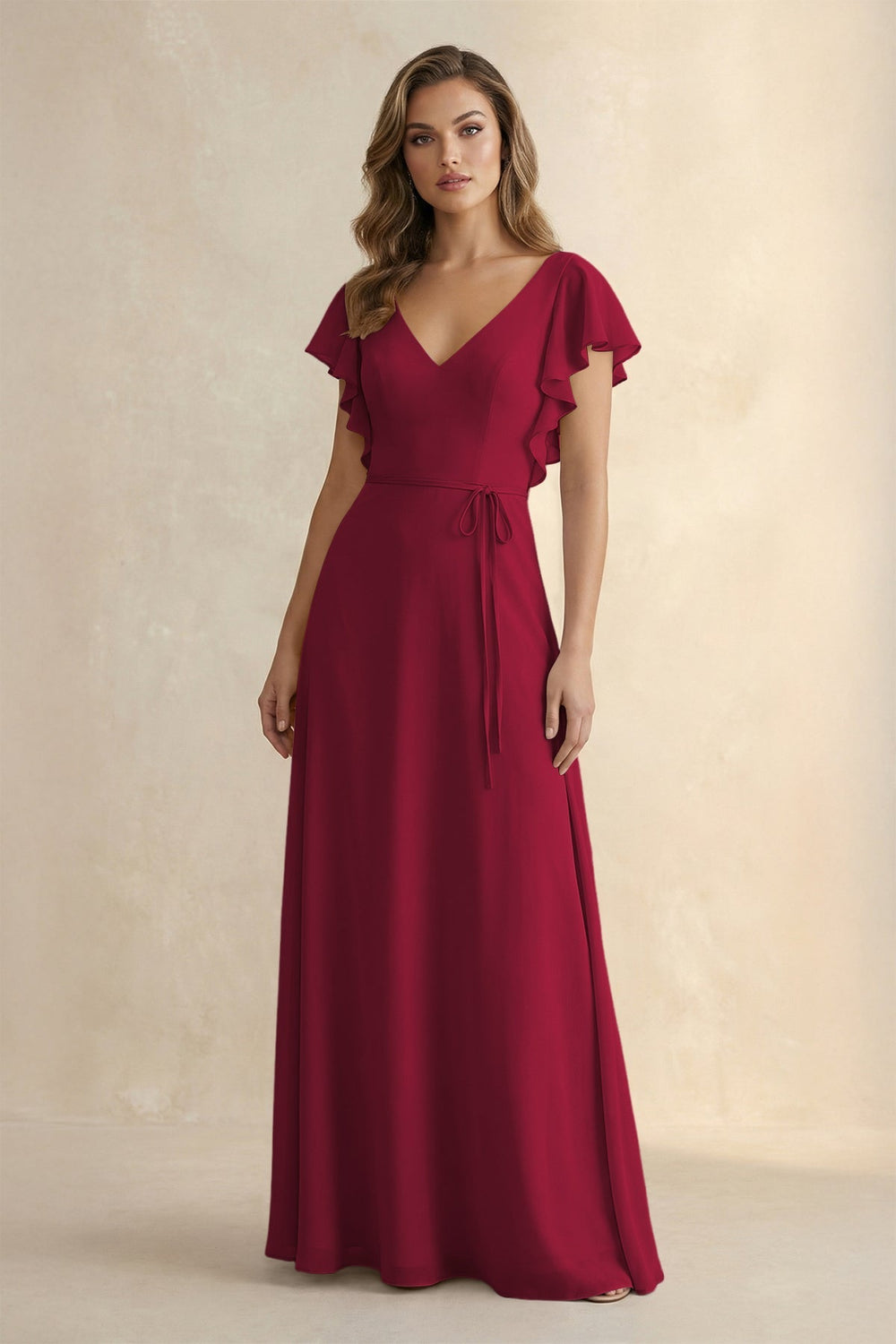 Ruffled V - Neck Chiffon A - Line Bridesmaid Dress in Berry - KISS BRIDAL Bridesmaid Dresses