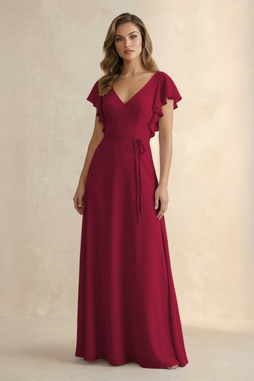Ruffled V - Neck Chiffon A - Line Bridesmaid Dress in Berry - SHE IS ME Bridesmaid Dresses