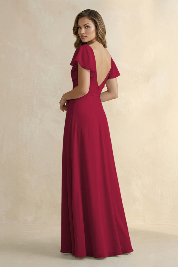 Ruffled V - Neck Chiffon A - Line Bridesmaid Dress in Berry - SHE IS ME Bridesmaid Dresses