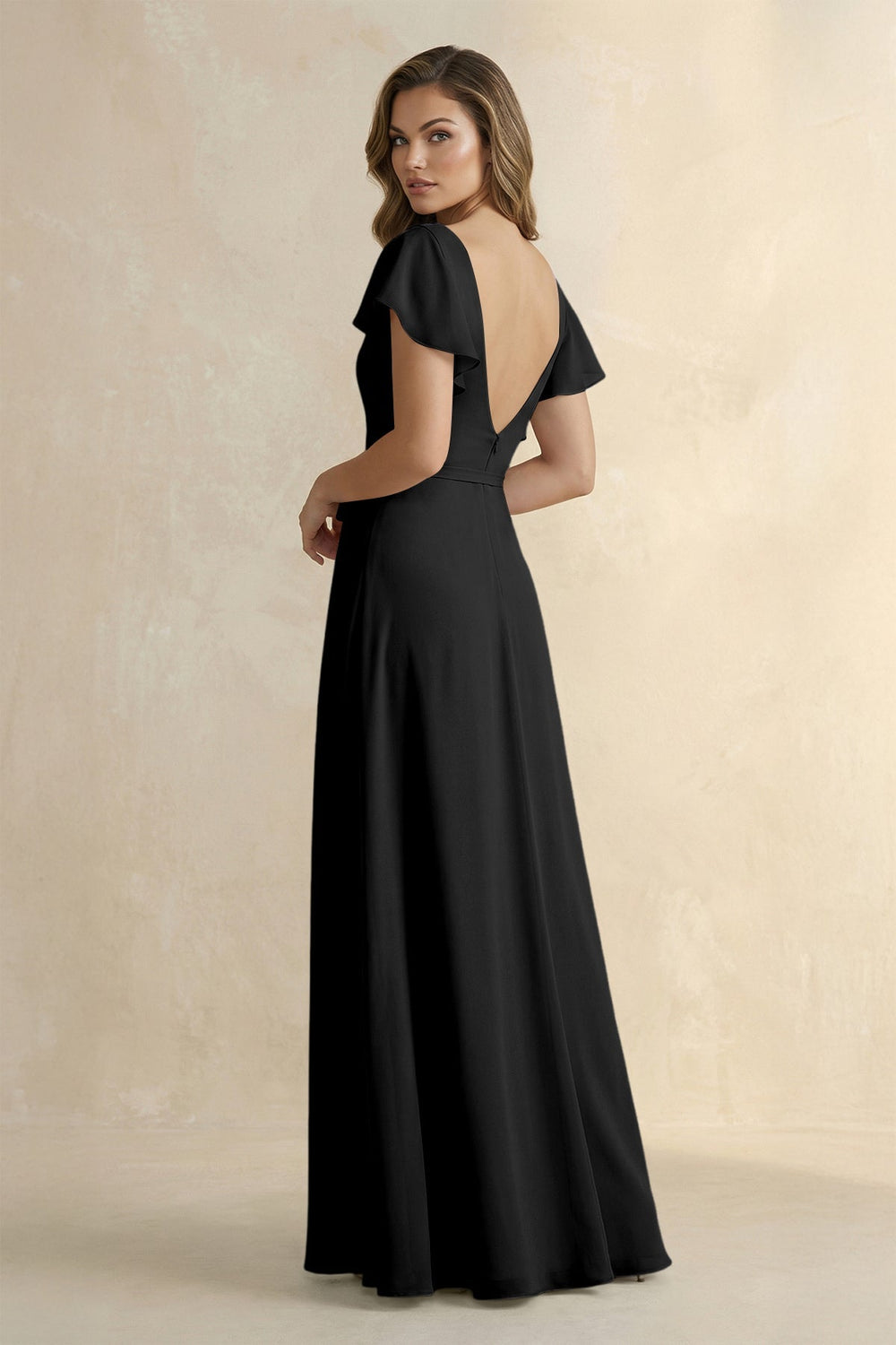 Ruffled V - Neck Chiffon A - Line Bridesmaid Dress in Black - KISS BRIDAL Bridesmaid Dresses