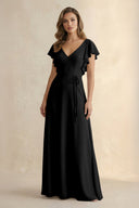 Ruffled V - Neck Chiffon A - Line Bridesmaid Dress in Black - SHE IS ME Bridesmaid Dresses