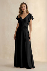 Ruffled V - Neck Chiffon A - Line Bridesmaid Dress in Black - KISS BRIDAL Bridesmaid Dresses