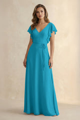 Ruffled V - Neck Chiffon A - Line Bridesmaid Dress in Blue Jay - KISS BRIDAL Bridesmaid Dresses