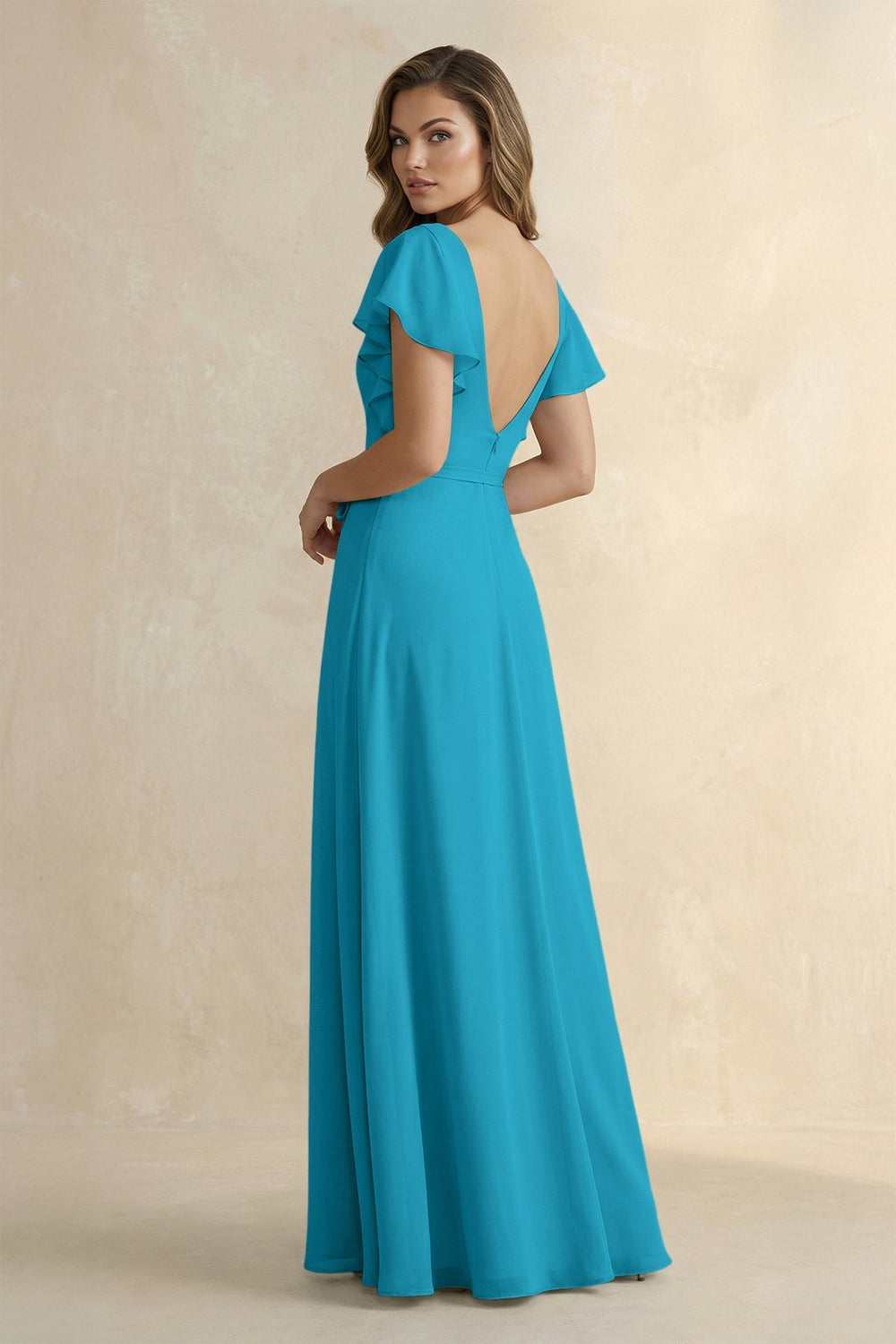 Ruffled V - Neck Chiffon A - Line Bridesmaid Dress in Blue Jay - KISS BRIDAL Bridesmaid Dresses