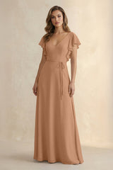 Ruffled V - Neck Chiffon A - Line Bridesmaid Dress in Bronzer - KISS BRIDAL Bridesmaid Dresses