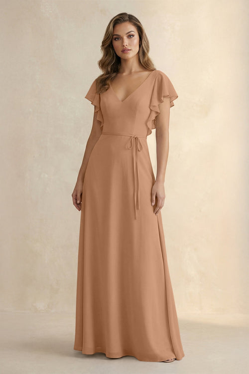 Ruffled V - Neck Chiffon A - Line Bridesmaid Dress in Bronzer - SHE IS ME Bridesmaid Dresses