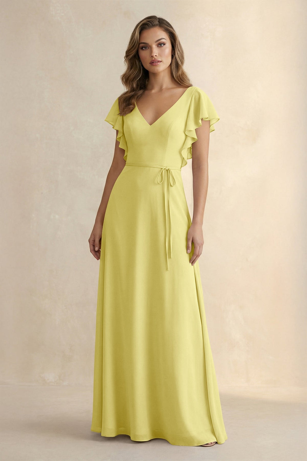 Ruffled V - Neck Chiffon A - Line Bridesmaid Dress in Buttercup - KISS BRIDAL Bridesmaid Dresses