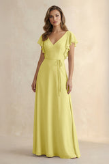 Ruffled V - Neck Chiffon A - Line Bridesmaid Dress in Buttercup - KISS BRIDAL Bridesmaid Dresses
