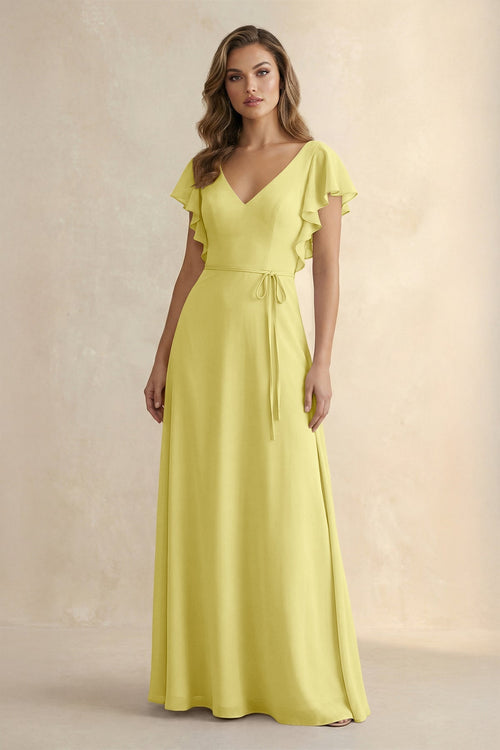 Ruffled V - Neck Chiffon A - Line Bridesmaid Dress in Buttercup - SHE IS ME Bridesmaid Dresses