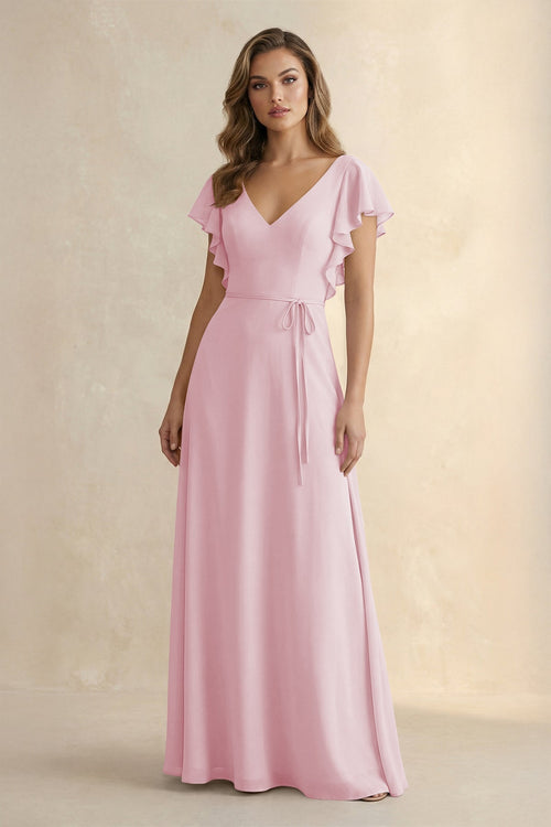 Ruffled V - Neck Chiffon A - Line Bridesmaid Dress in Candy Pink - SHE IS ME Bridesmaid Dresses